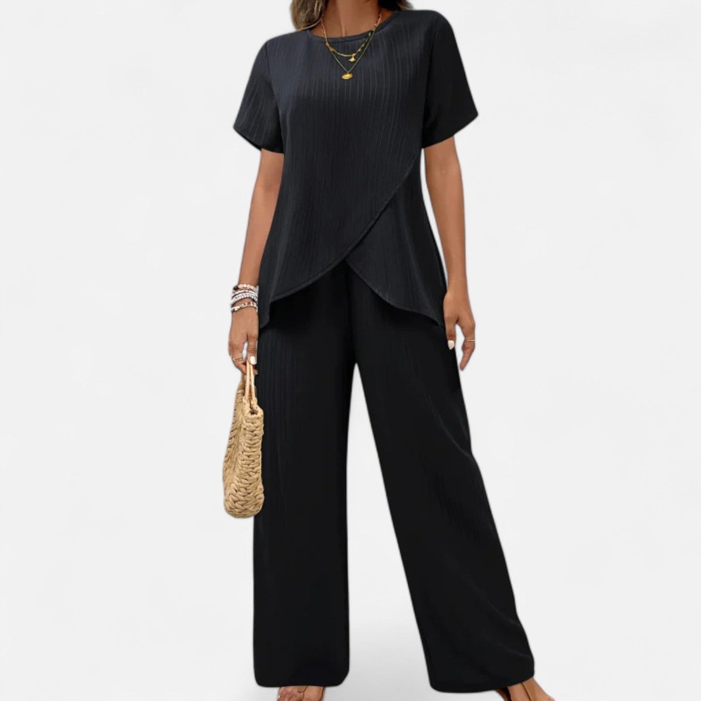 Old Monarchy | Women’s Asymmetrical Two-Piece Set – Textured Elegance with Wide-Leg Trousers & Sculpted Top